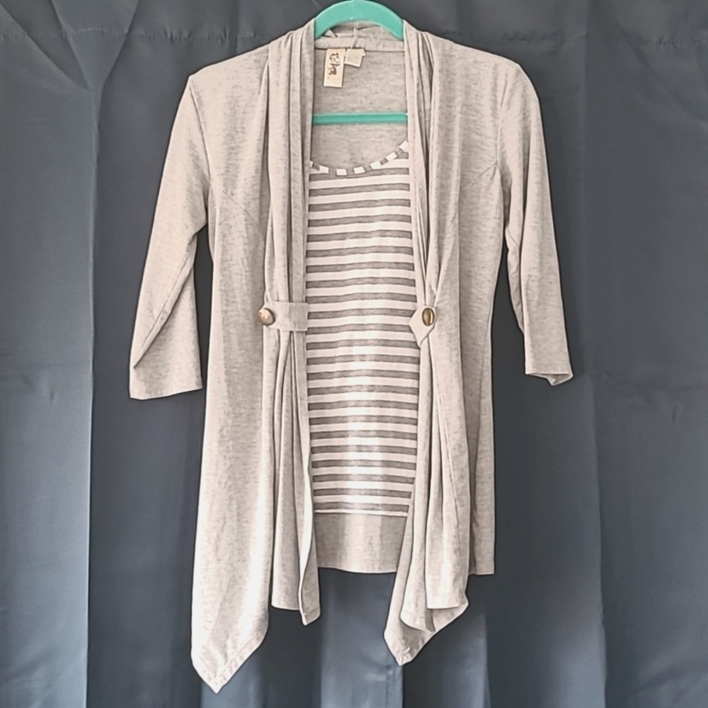 Medium grey and white sweater/tank top meld